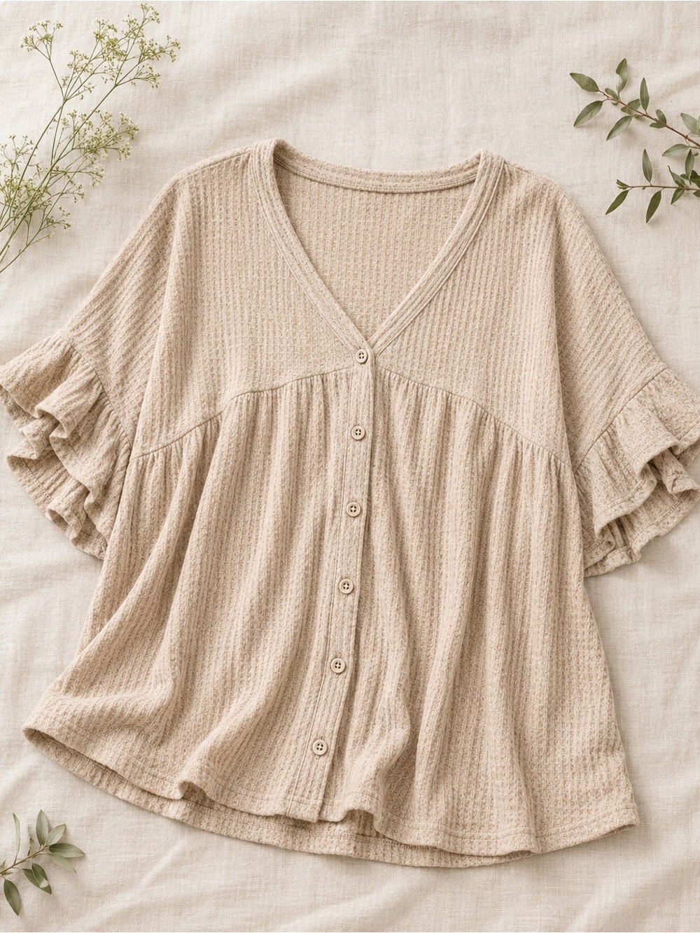 Oversized Waffle Knit Button Front Top | Boho Neutral Ruffle Sleeve Blouse